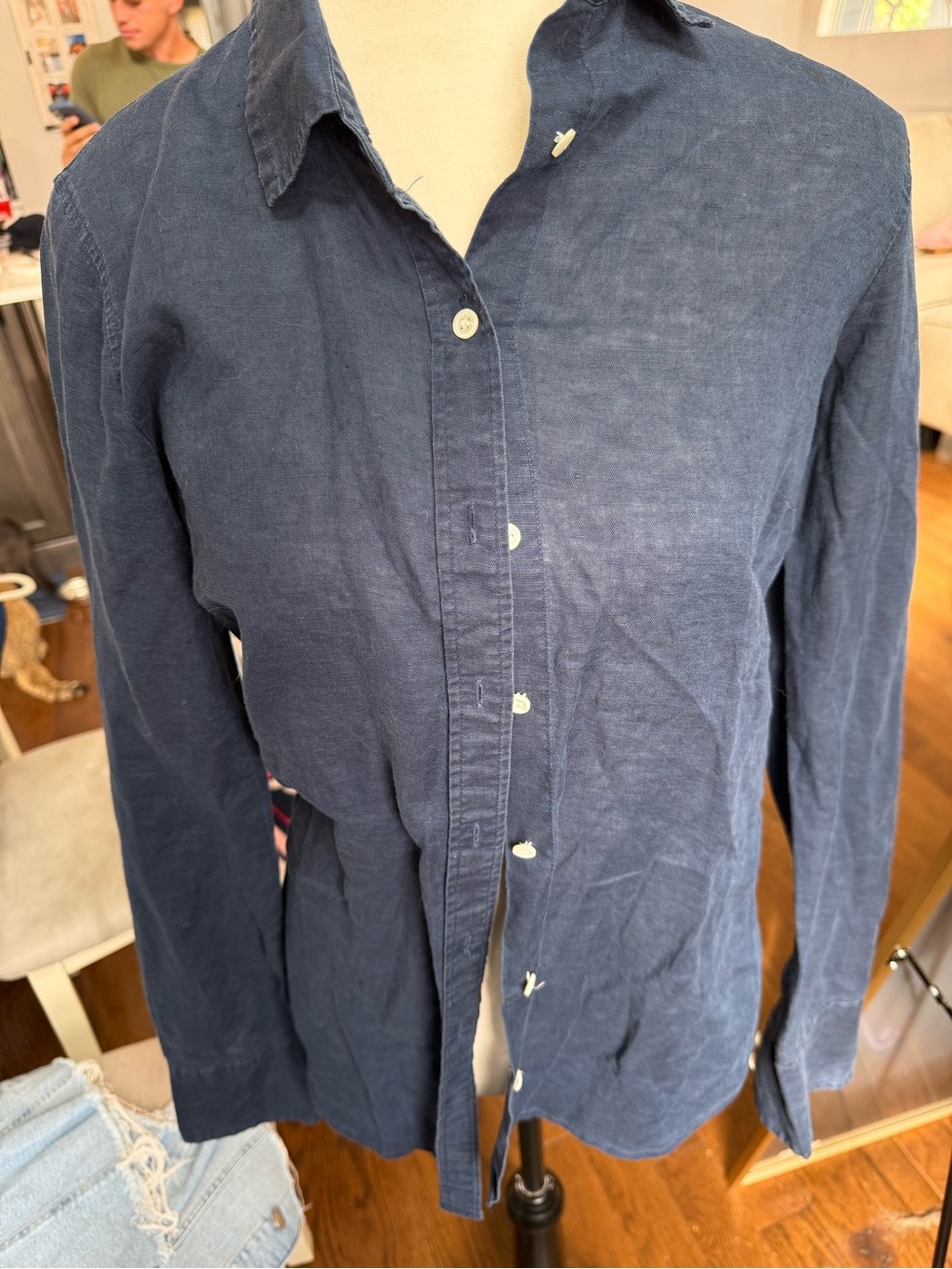 J. Crew Perfect Women's Navy Linen Cotton Button-Down Shirt Size 4 Tall